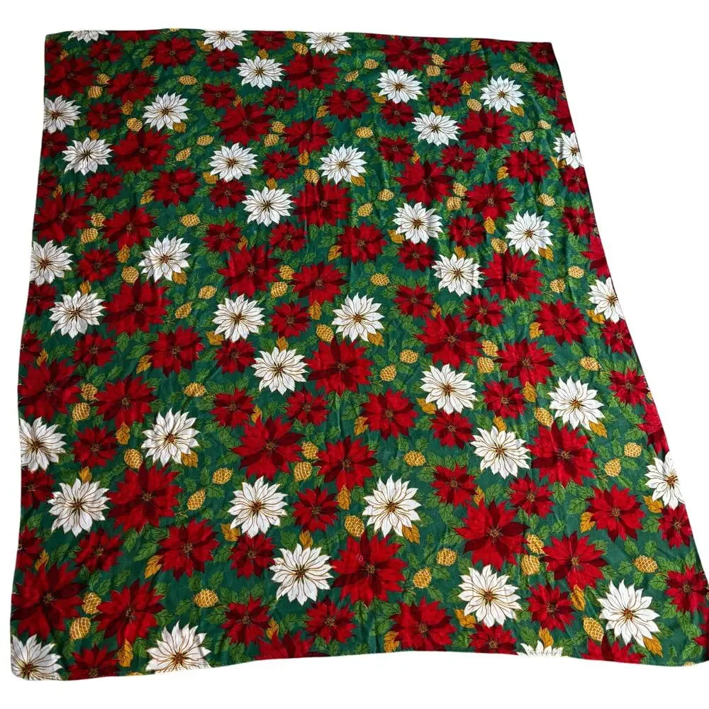 Christmas Tablecloth vintage 70's woven red green white gold poinsettias cloth